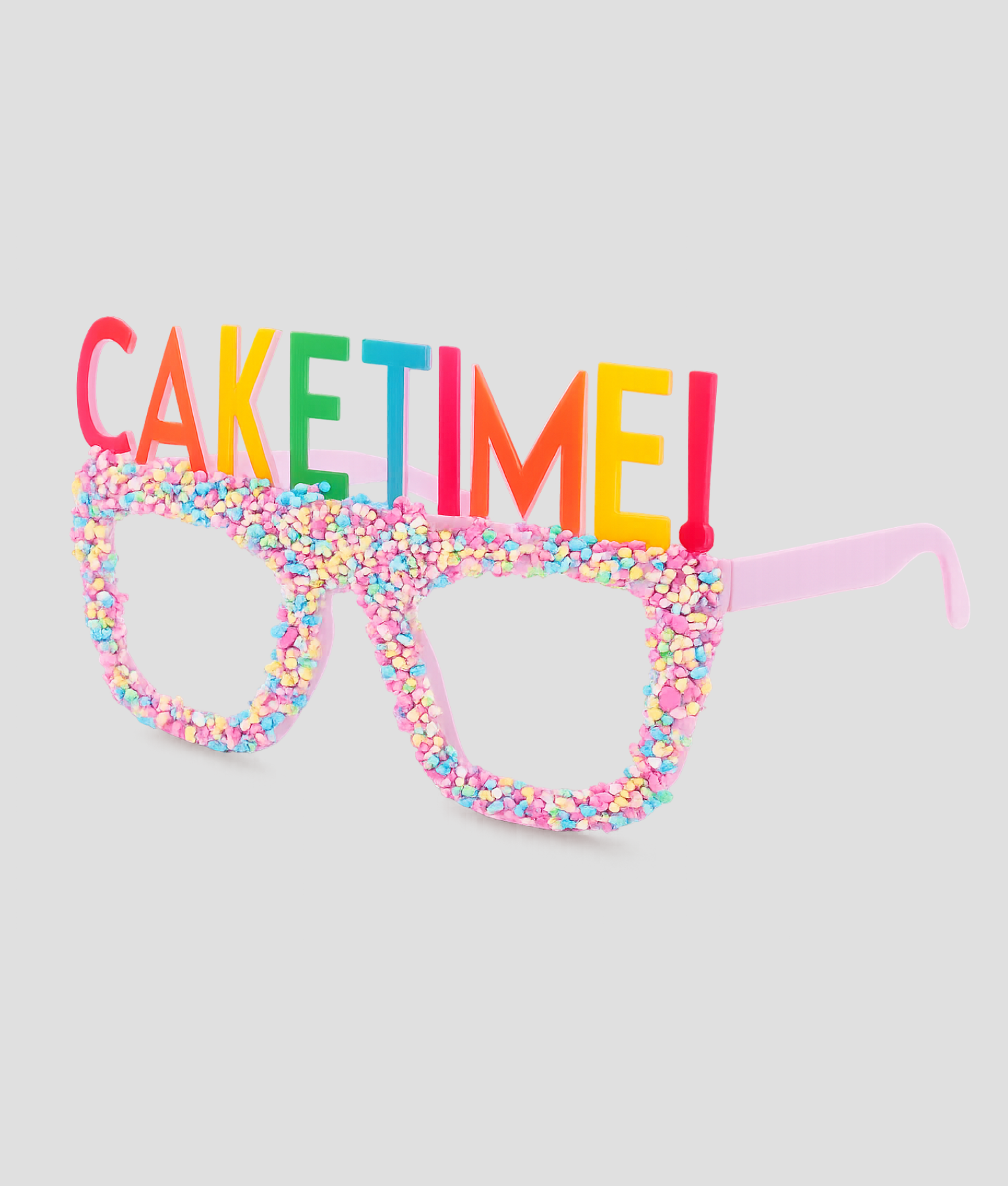 Feestbril met confetti-print en tekst 'Caketime' erboven