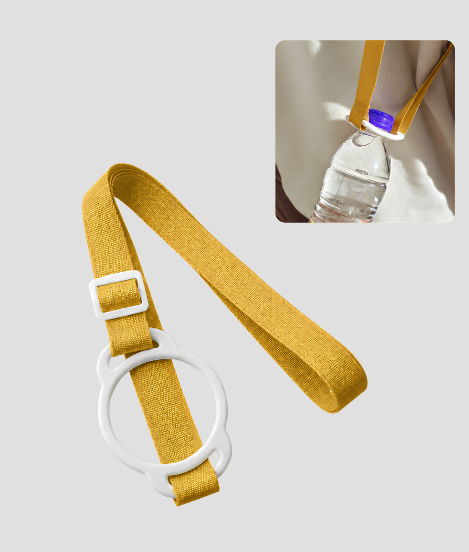 Mosterdgele verstelbare fleshouder band met witte ring clip om een waterfles mee te dragen