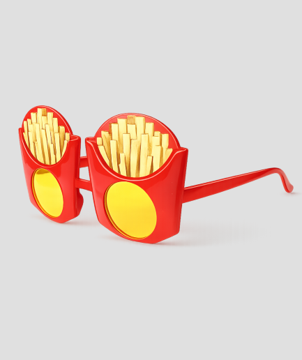 Rode friet feestbril met gele ronde glazen