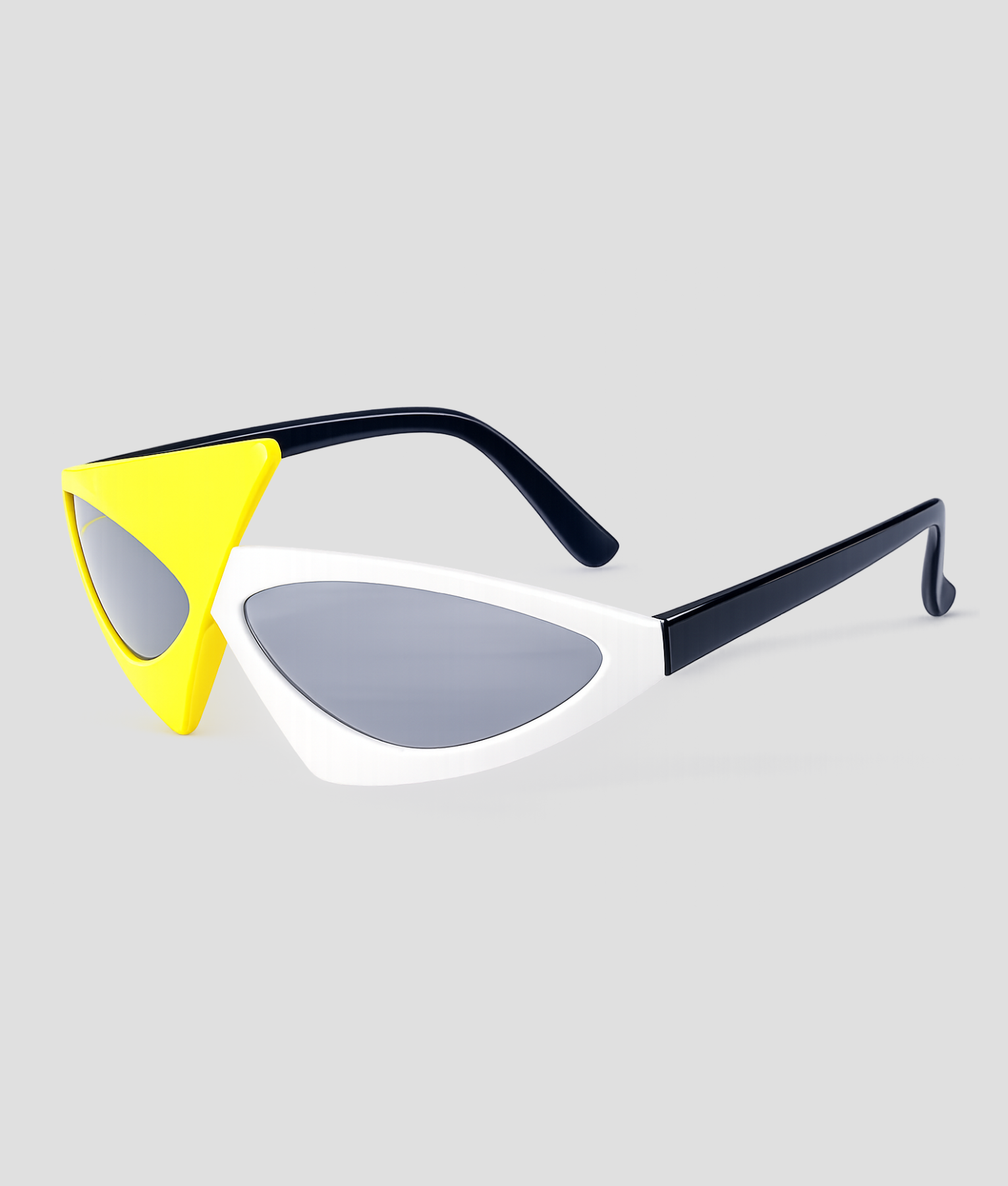 Gele en witte cateye zonnebril met asymmetrisch design