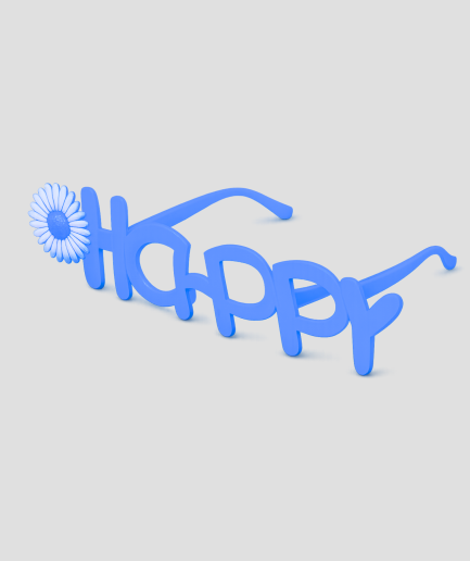 Blauwe feestbril in de vorm van het woord HAPPY met bloem