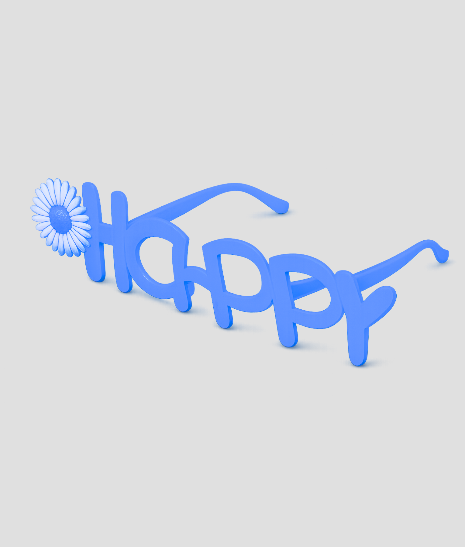 Blauwe feestbril in de vorm van het woord HAPPY met bloem