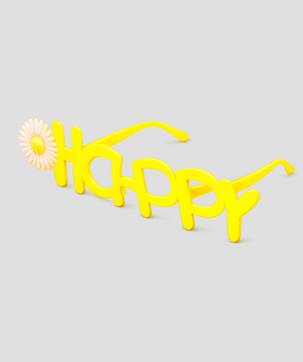 Gele feestbril in de vorm van het woord HAPPY met een bloem