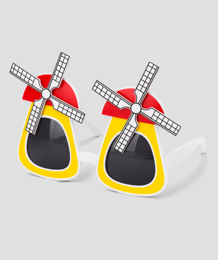 Gele klomp-vormige feestbril met molenwiek decoratie
