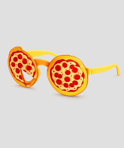 Gele feestbril in de vorm van pizzapunten met pepperoni