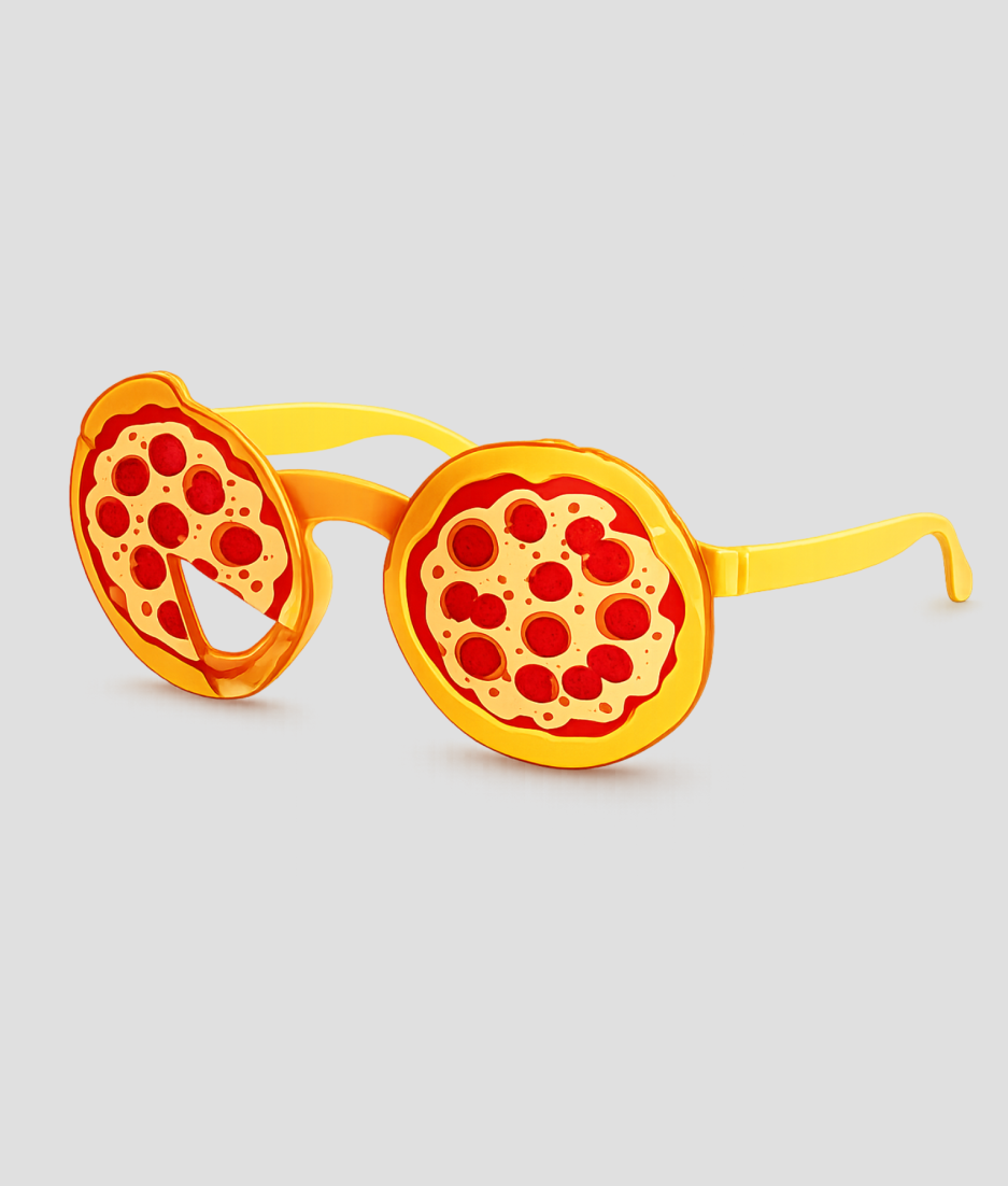 Gele feestbril in de vorm van pizzapunten met pepperoni