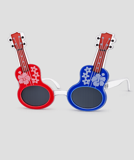 Rood-blauwe gitaar feestbril met hawaiibloemen print