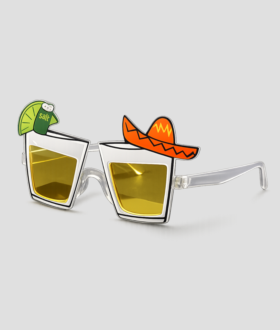 Feestbril in de vorm van tequilaglazen met limoen en sombrero