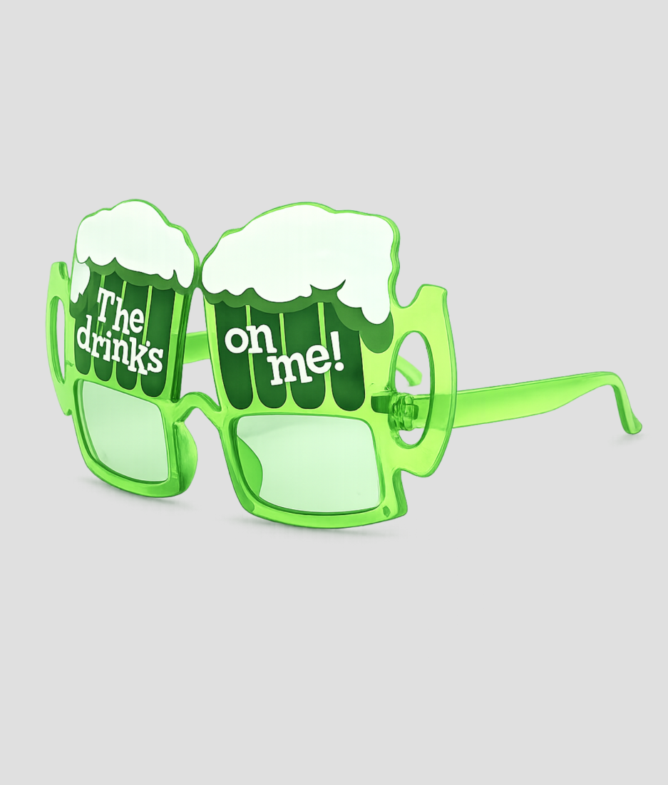 Groene bierpul feestbril met tekst The drinks on me