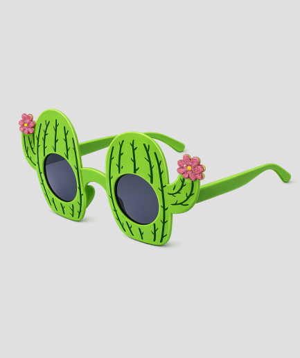Groene zonnebril in de vorm van een cactus met roze bloemetjes