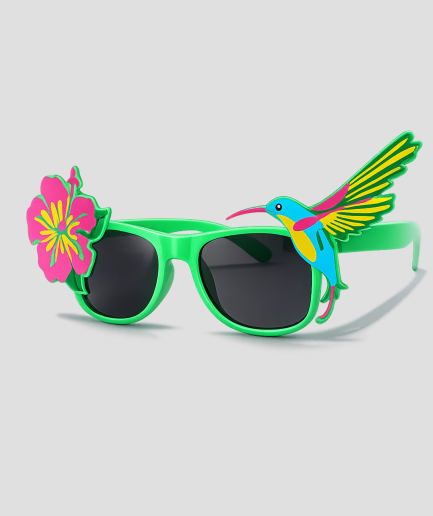 Groene zonnebril versierd met een kolibrie en roze bloem