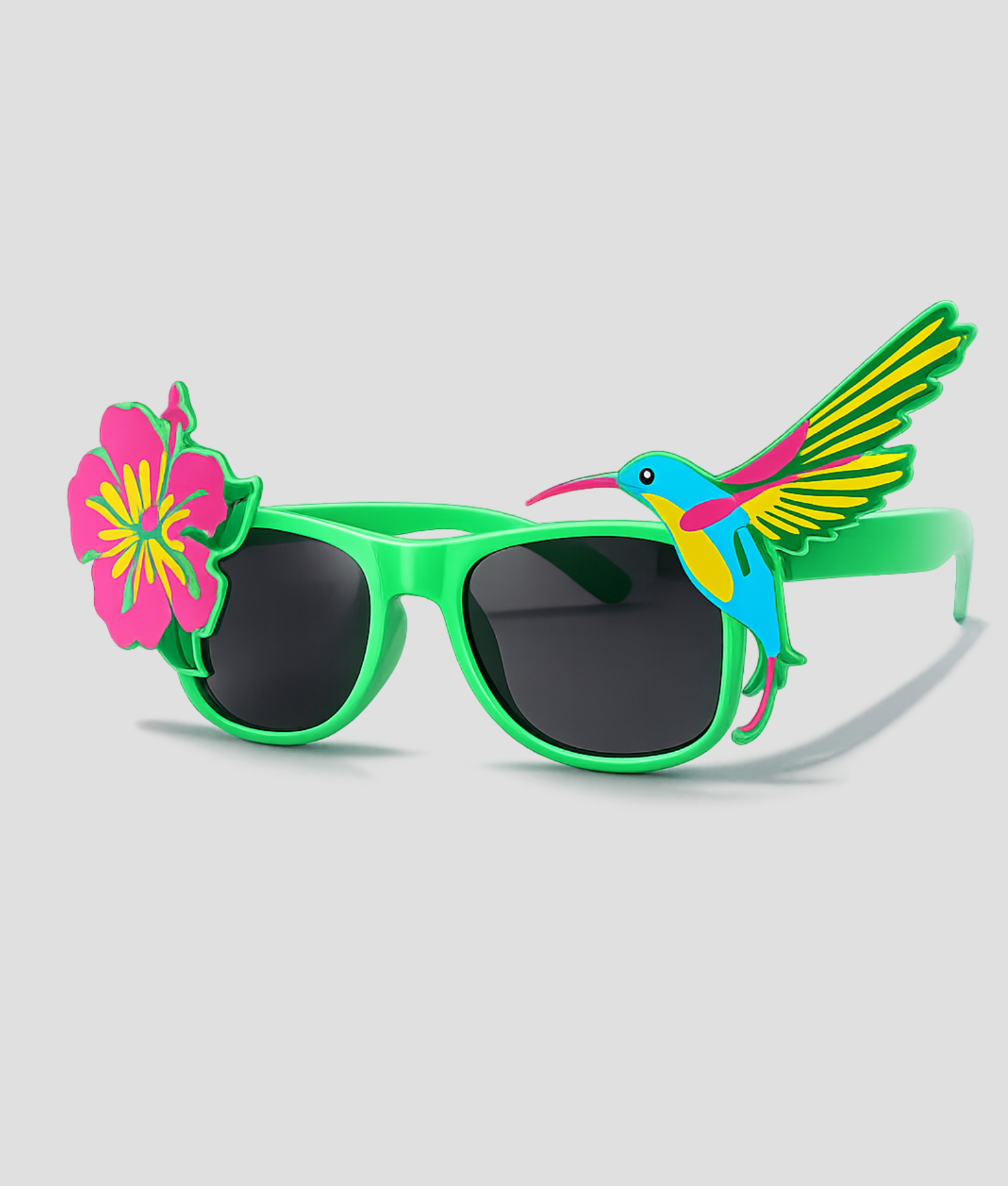 Groene zonnebril versierd met een kolibrie en roze bloem
