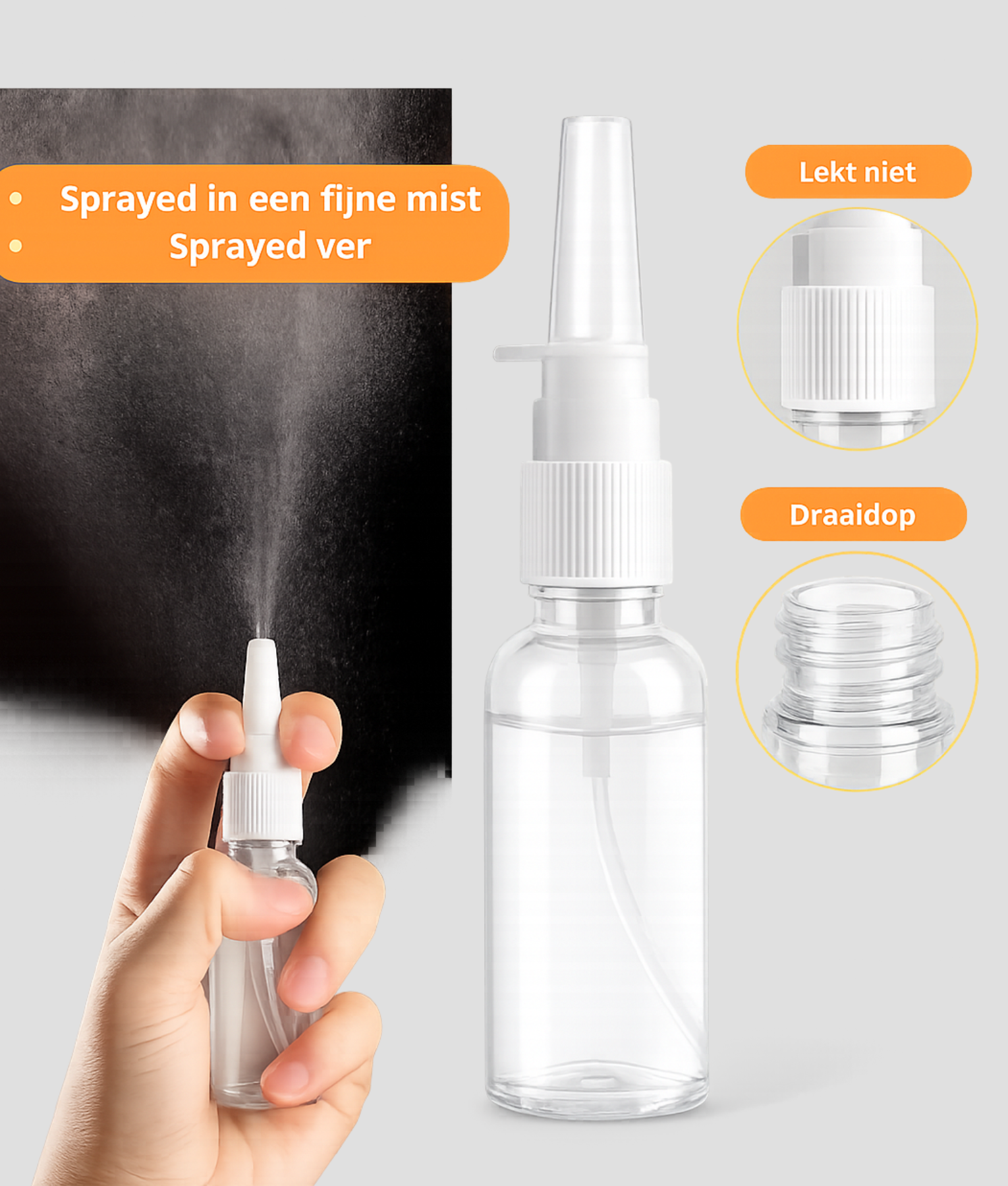 Hervulbaar neusspray flesje met kenmerken: fijne mist, lekvrij en draaidop