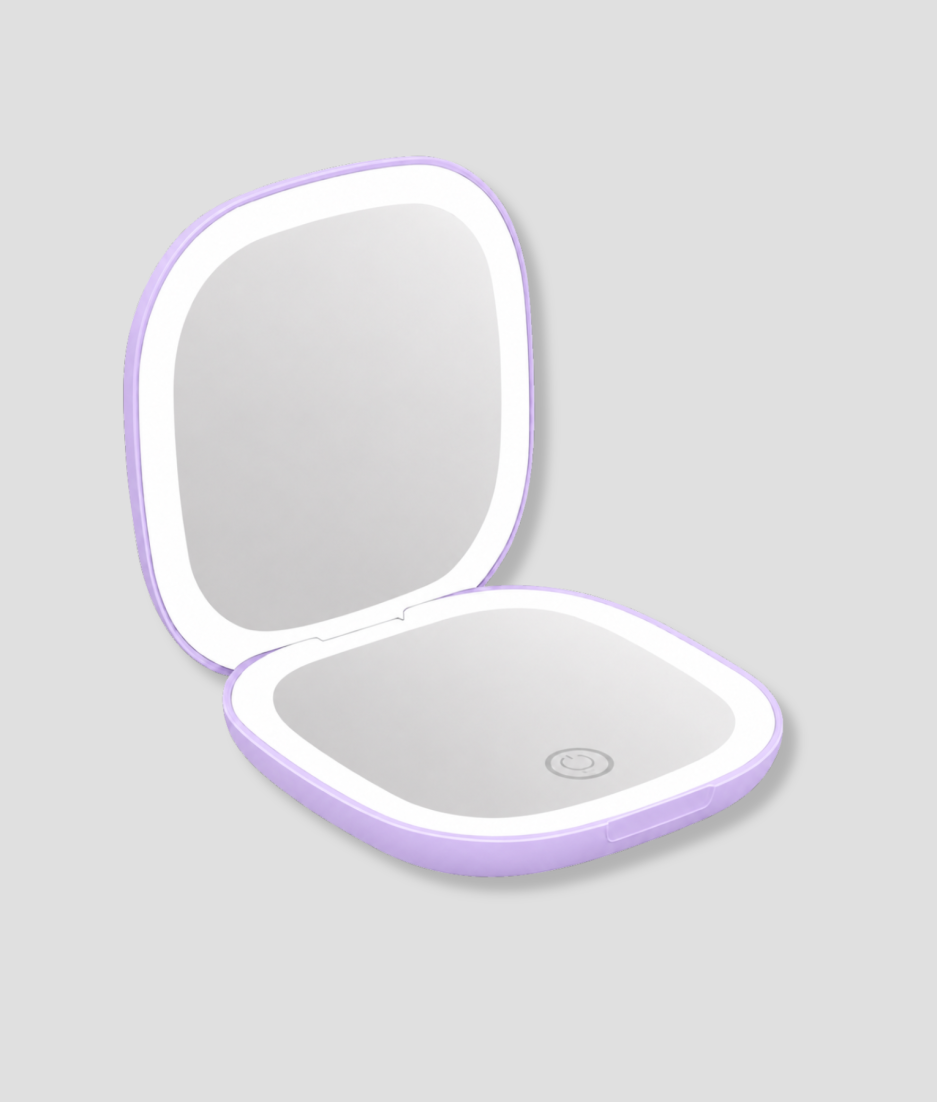 Kleine paarse LED make-up spiegel in zakformaat, opengeklapt