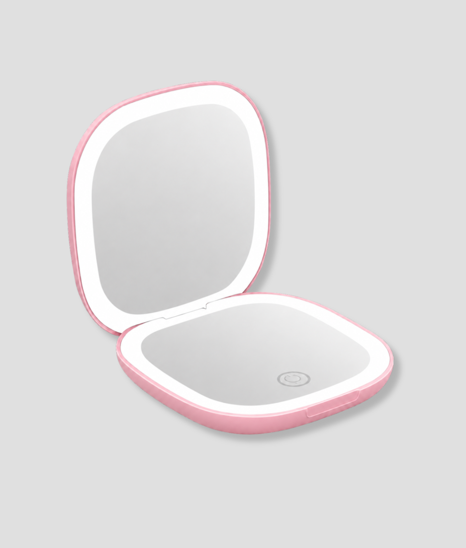 Kleine roze LED make-up spiegel in zakformaat, opengeklapt