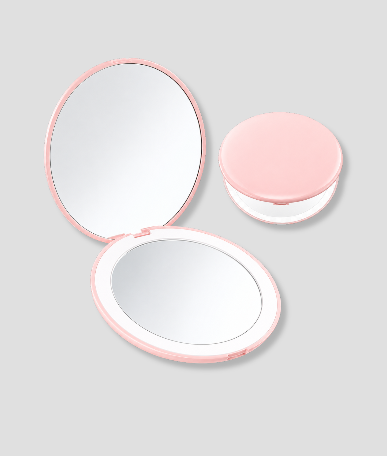 Roze ronde LED make-up spiegel in zakformaat, open en gesloten