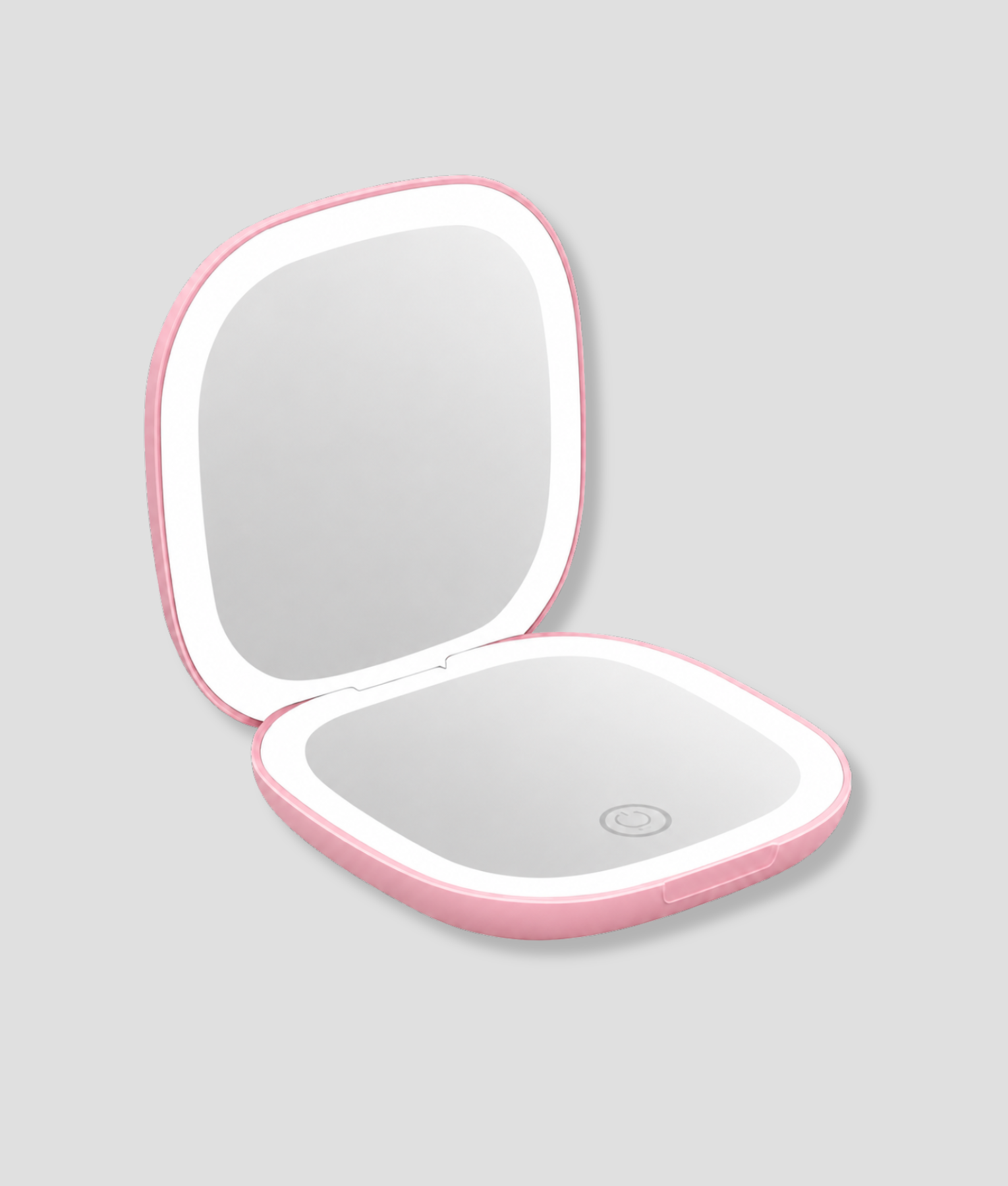 Kleine roze LED make-up spiegel in zakformaat, opengeklapt