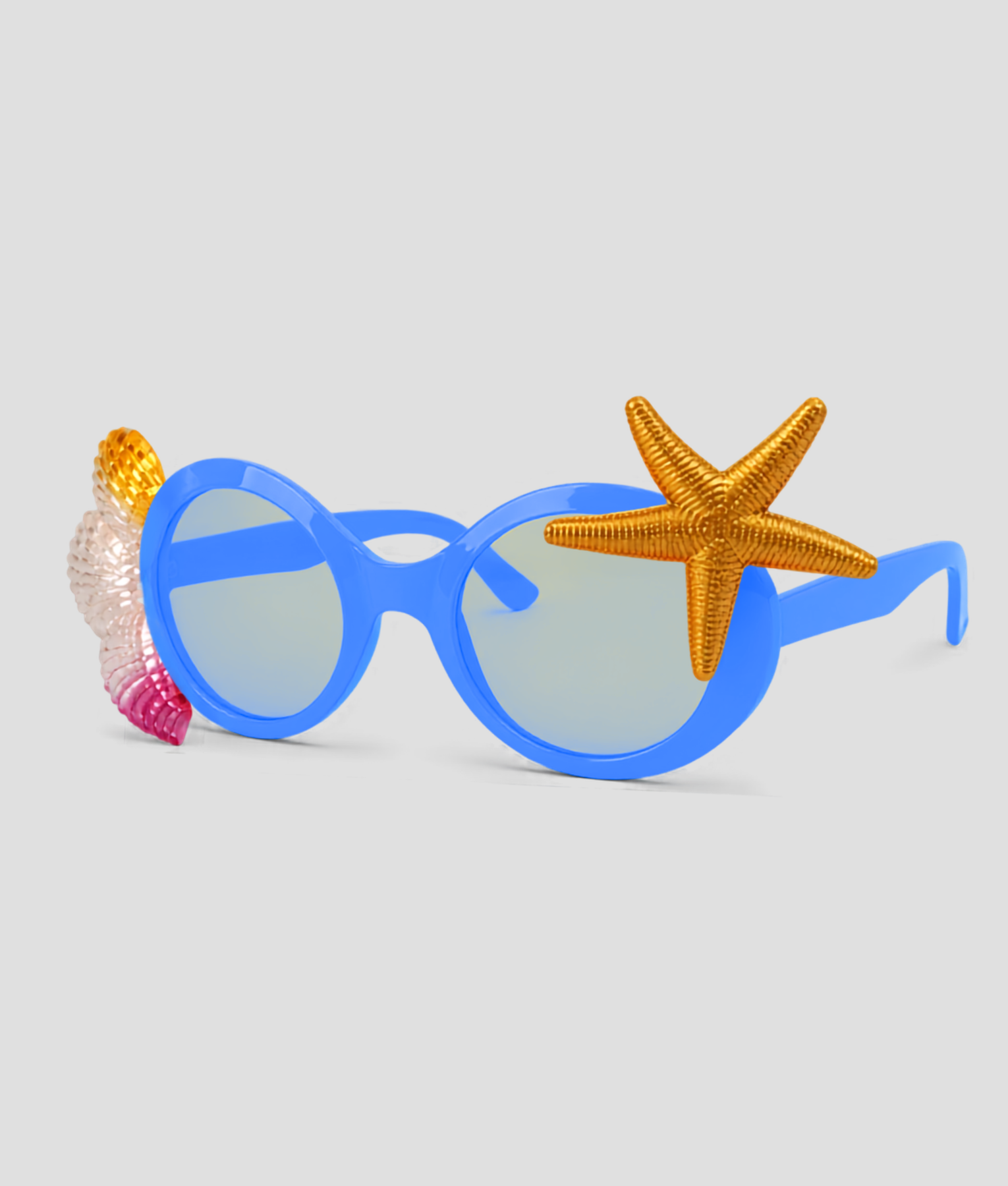 Blauwe zonnebril versierd met een oranje zeester en schelp