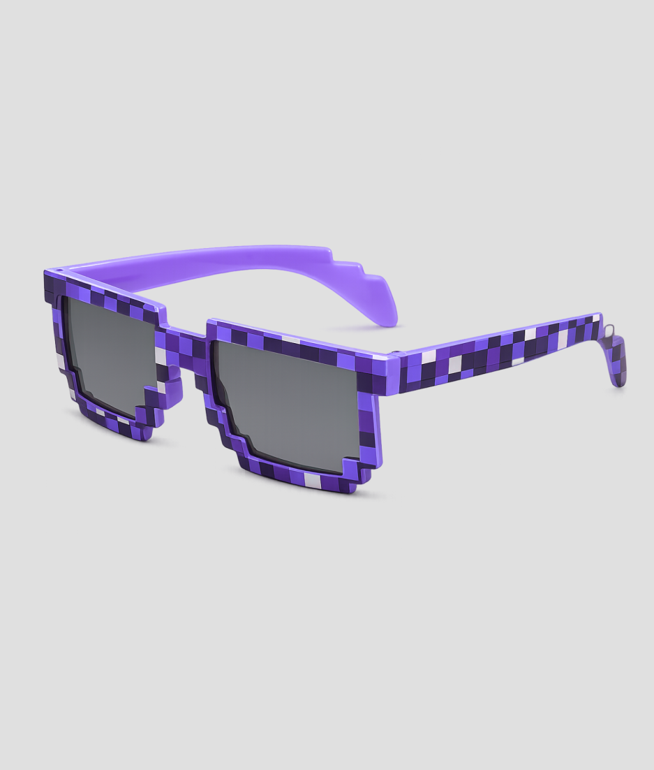 Paarse vierkante feestbril met pixel-patroon