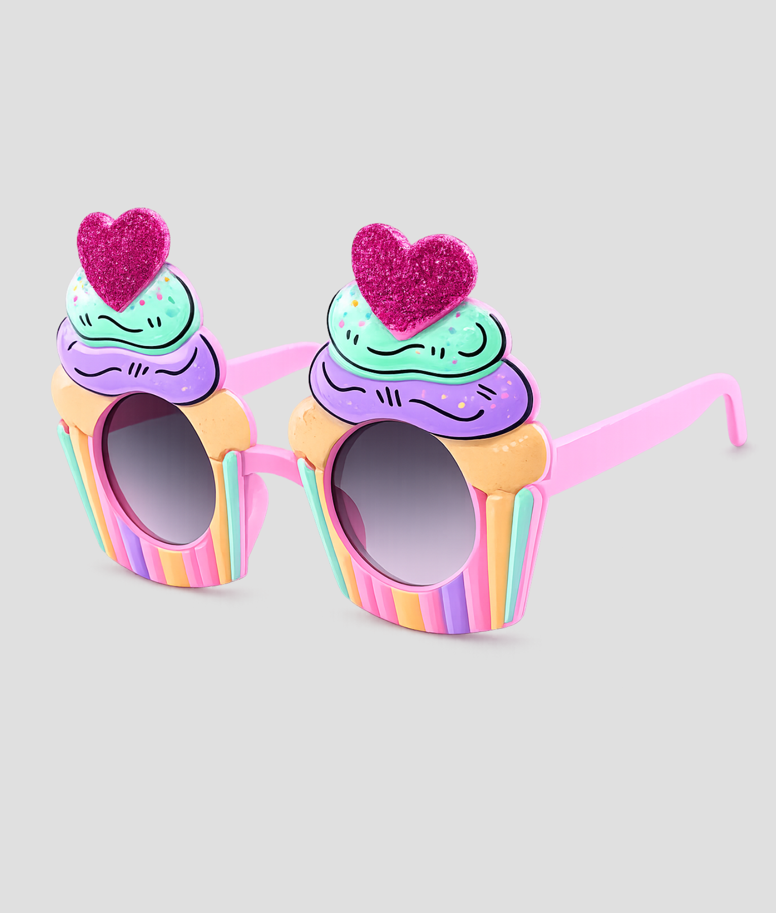 Pastelkleurige feestbril in de vorm van cupcakes met glitter hartjes