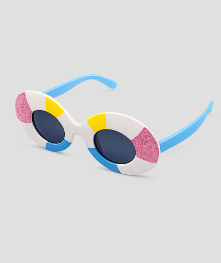 Ovale feestbril met pastel kleurenblokken in roze, geel en blauw