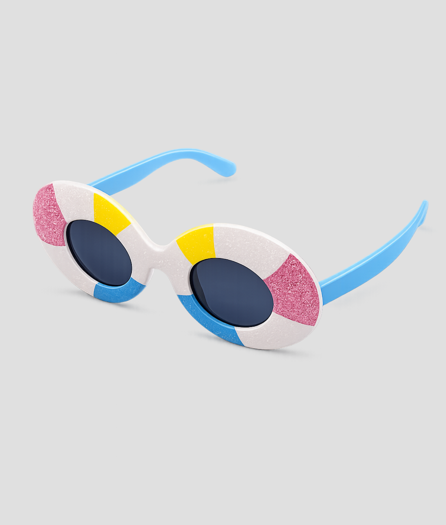 Ovale feestbril met pastel kleurenblokken in roze, geel en blauw