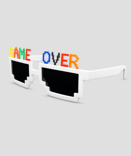 Witte pixel feestbril met kleurrijke tekst GAME OVER