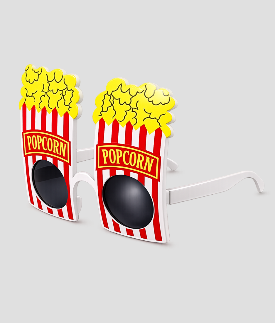 Feestbril in de vorm van rood-witte popcorn bakjes