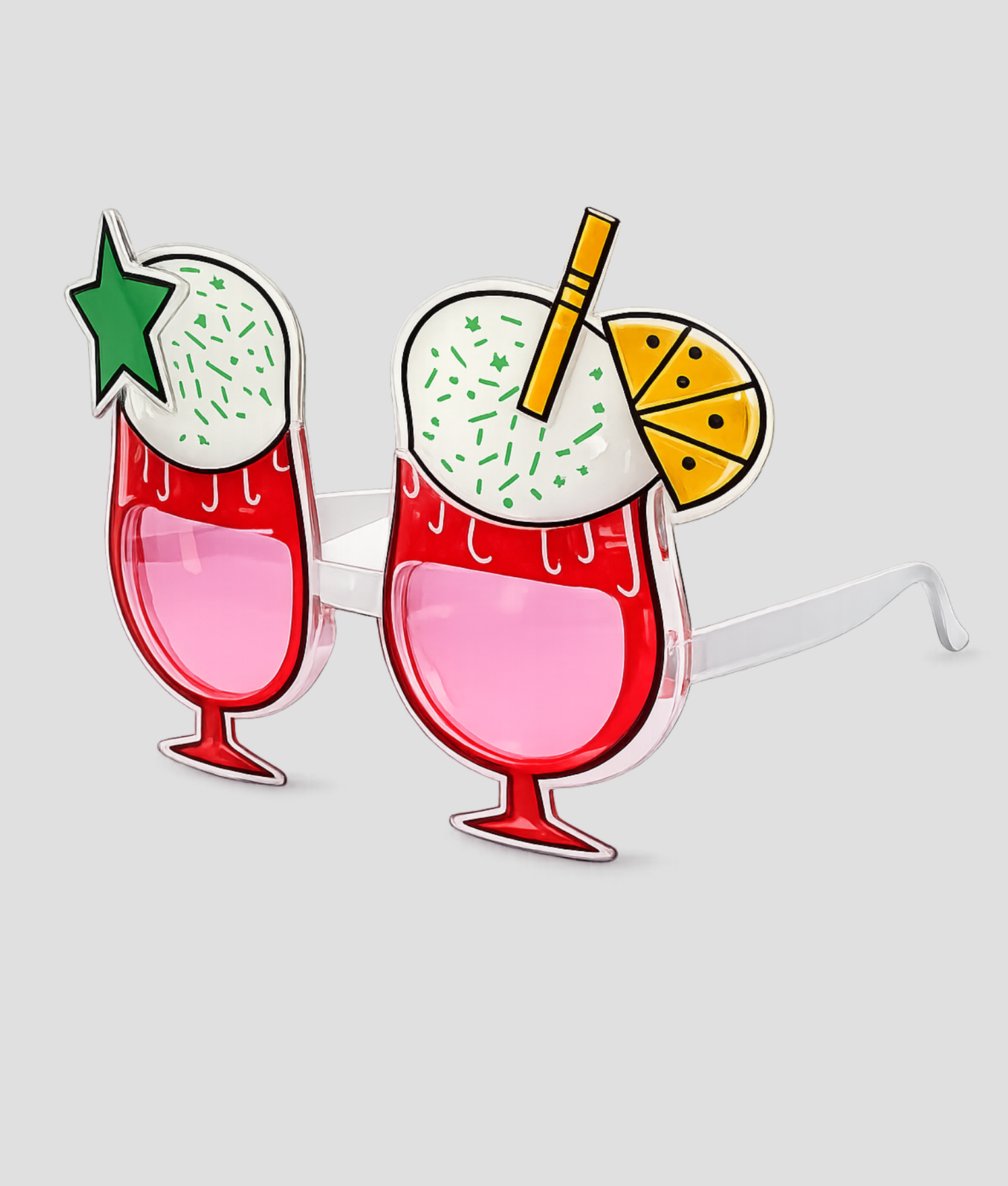 Feestbril in de vorm van rode cocktailglazen met citroenschijf en rietje