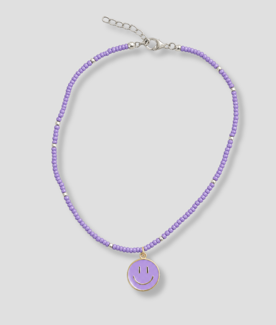 Lila kralenketting met gouden smiley hanger - Happy Smiles collectie Pep Schep