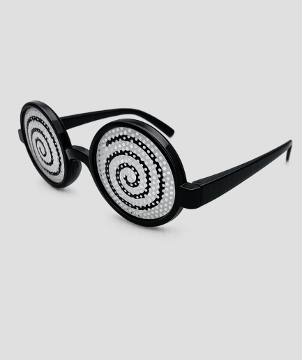 Zwarte spiraalbril met hypnotiserend swirl-patroon in de glazen
