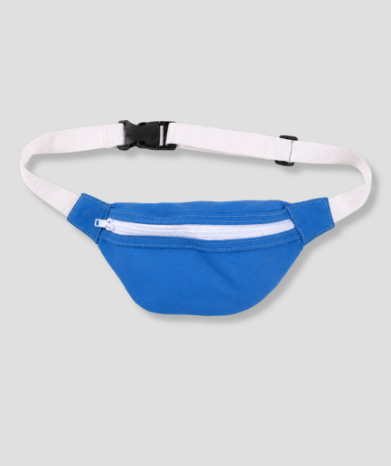Blauwe stoffen heuptas fanny pack met witte band en witte rits
