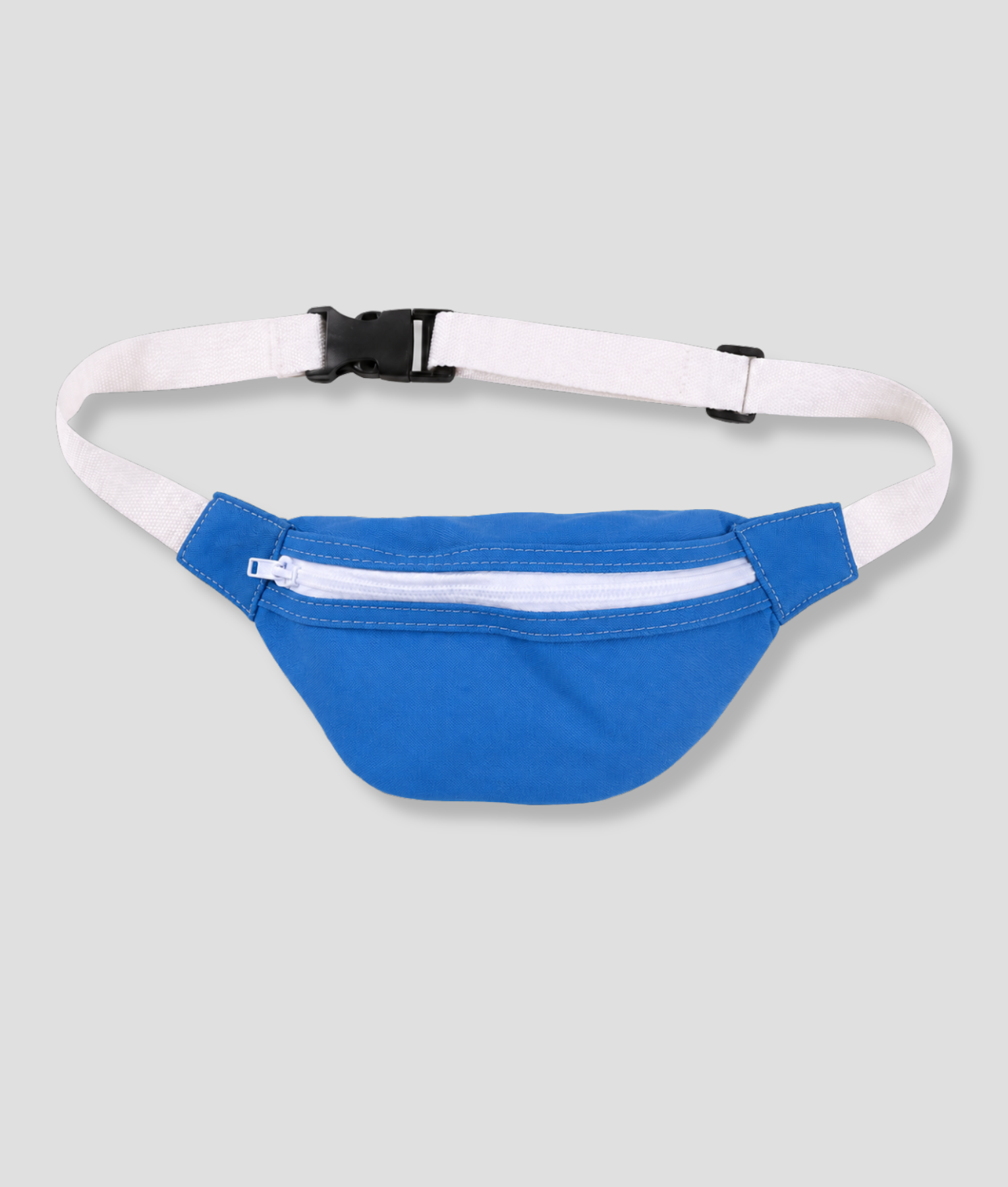 Blauwe stoffen heuptas fanny pack met witte band en witte rits
