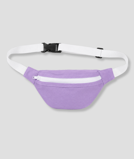 Paarse stoffen heuptas fanny pack met witte band en witte rits