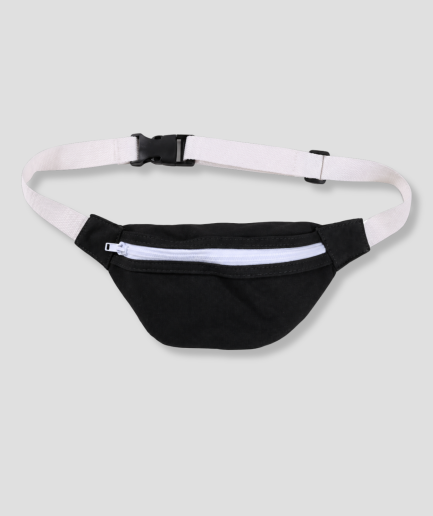 Zwarte stoffen heuptas fanny pack met witte band en witte rits
