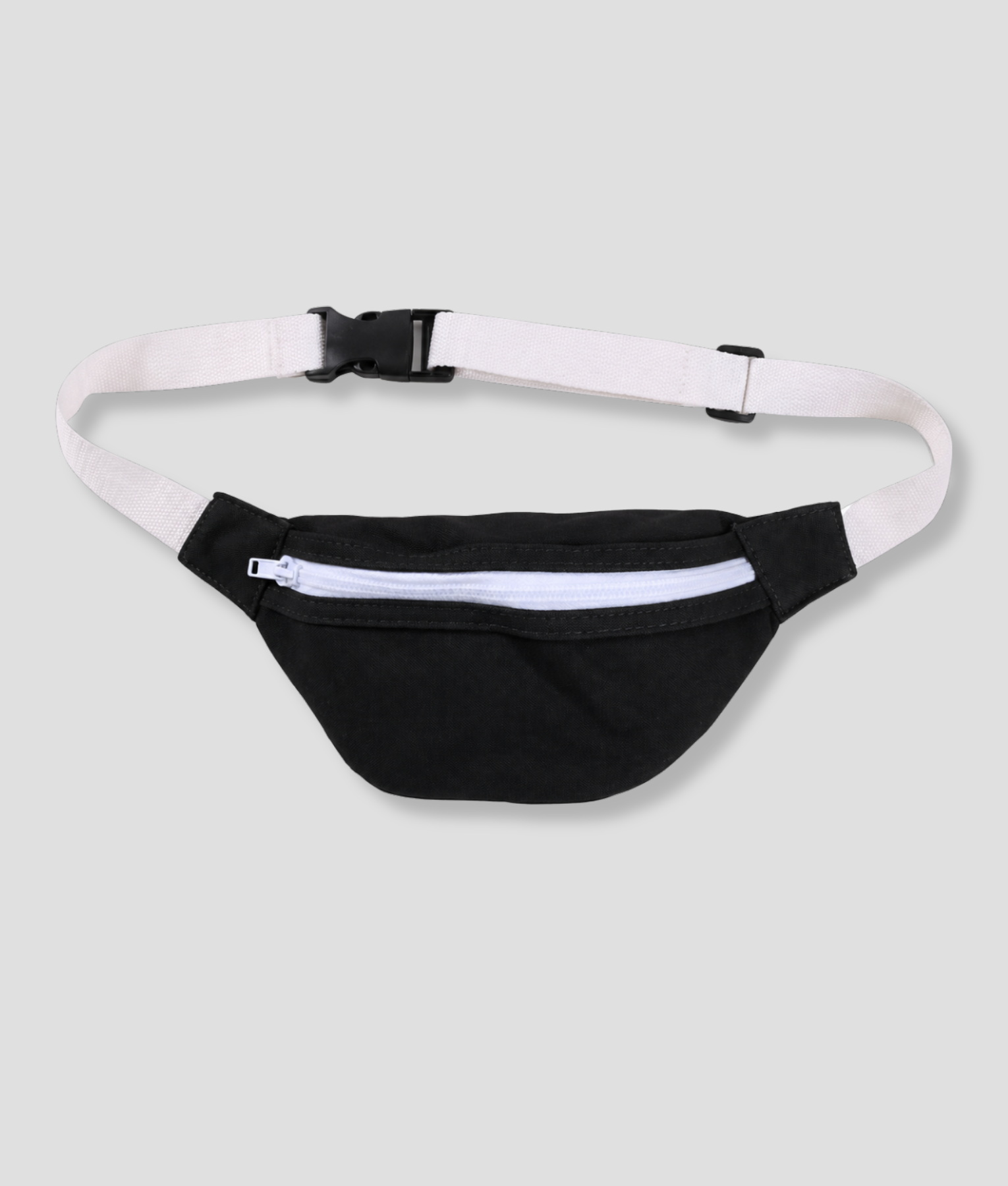 Zwarte stoffen heuptas fanny pack met witte band en witte rits