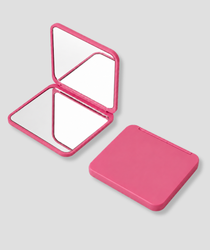 Donkerroze opvouwbare mini spiegel voor vrouwen, opengeklapt met dubbele spiegel