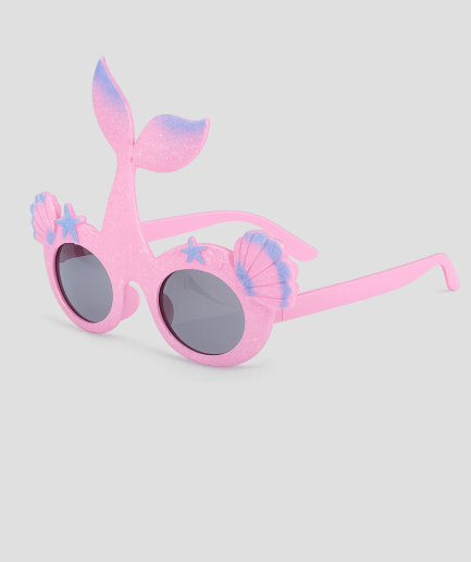 Roze glitterende feestbril in de vorm van een zeemeerminstaart met schelpjes