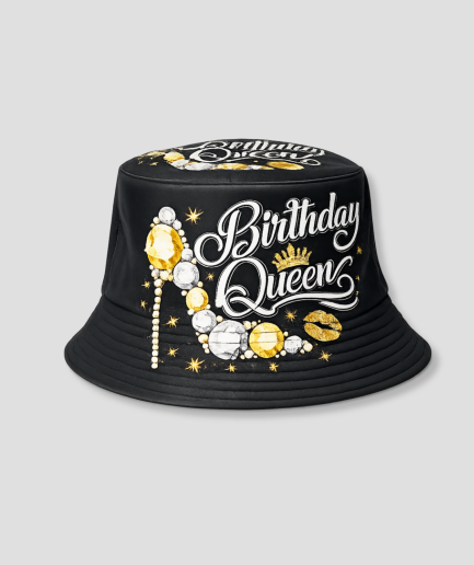 Zwart-gouden bucket hat met 'Birthday Queen' print
