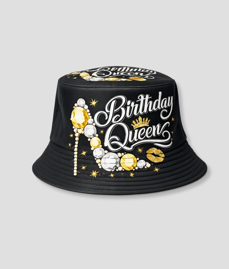 Zwart-gouden bucket hat met 'Birthday Queen' print