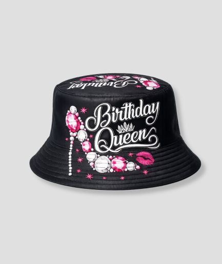 Zwart-roze bucket hat met 'Birthday Queen' print