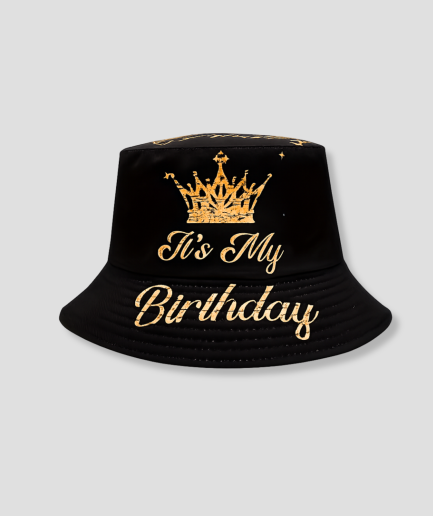 Zwarte bucket hat met gouden kroon verjaardagsprint