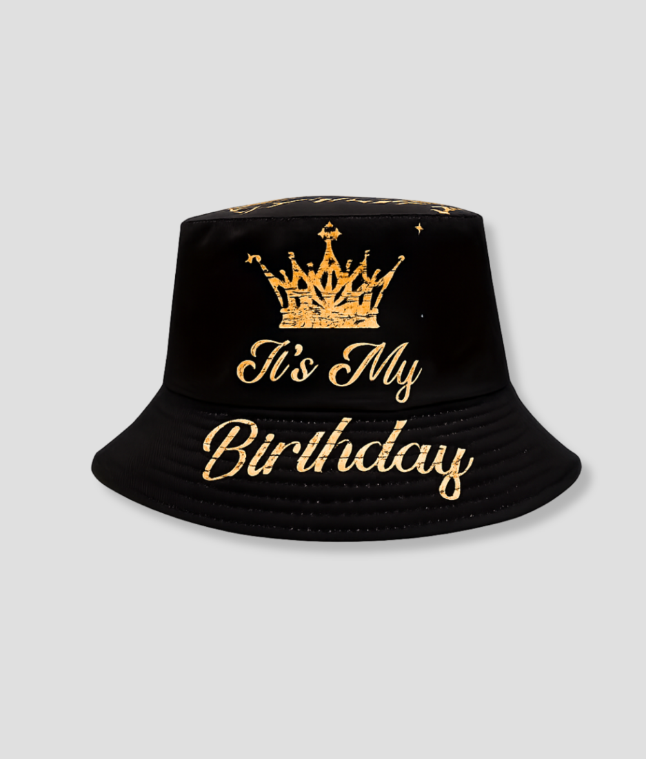Zwarte bucket hat met gouden kroon verjaardagsprint