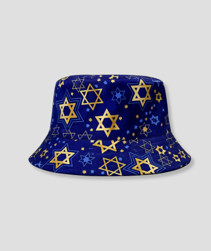 Donkerblauwe bucket hat met print van gouden zespuntige sterren