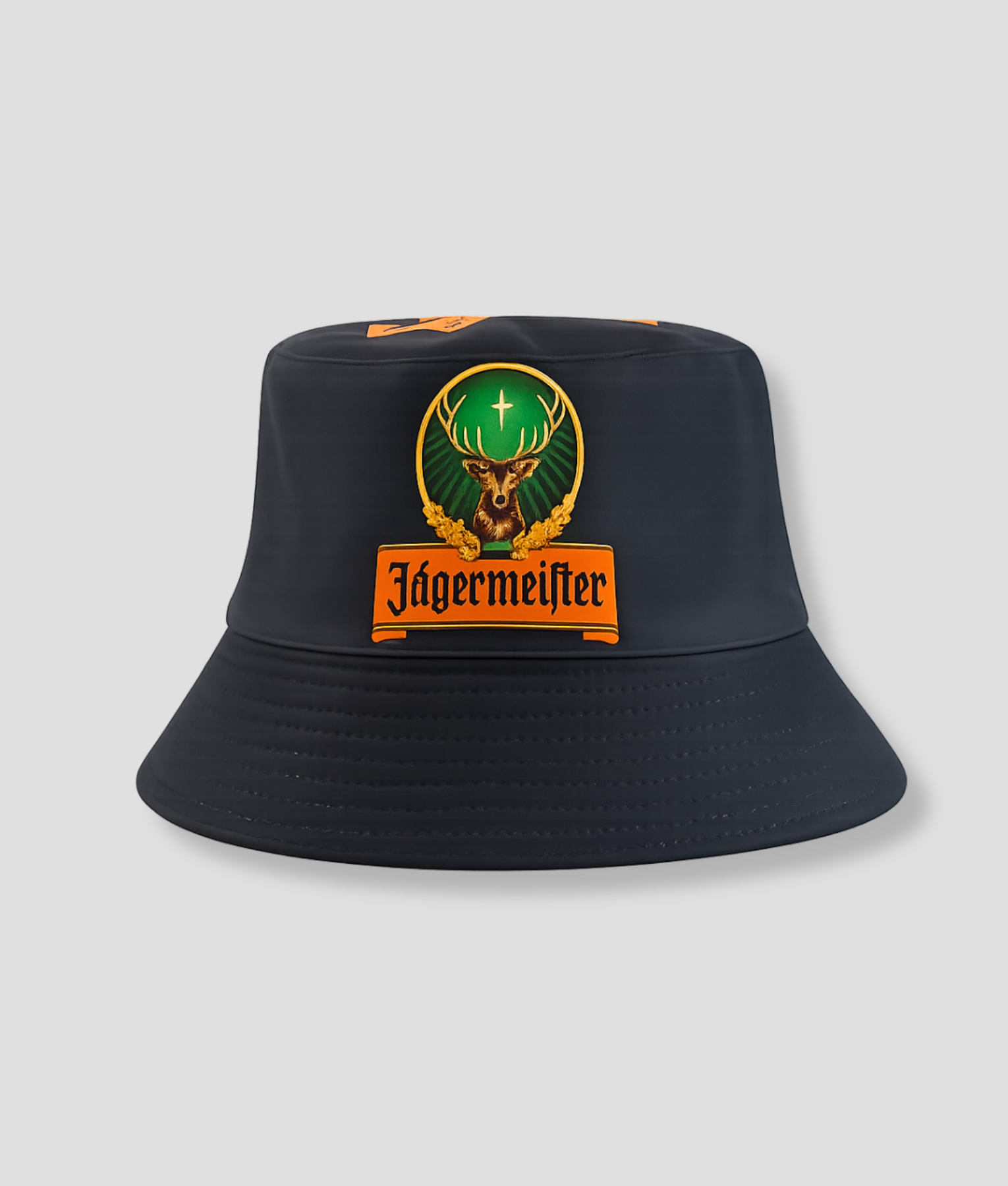 Zwarte bucket hat met hertenkop logo print