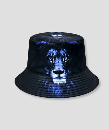 Zwarte bucket hat met neon print van een leeuw