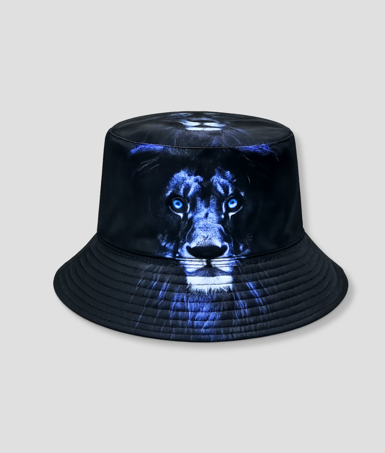 Zwarte bucket hat met neon print van een leeuw