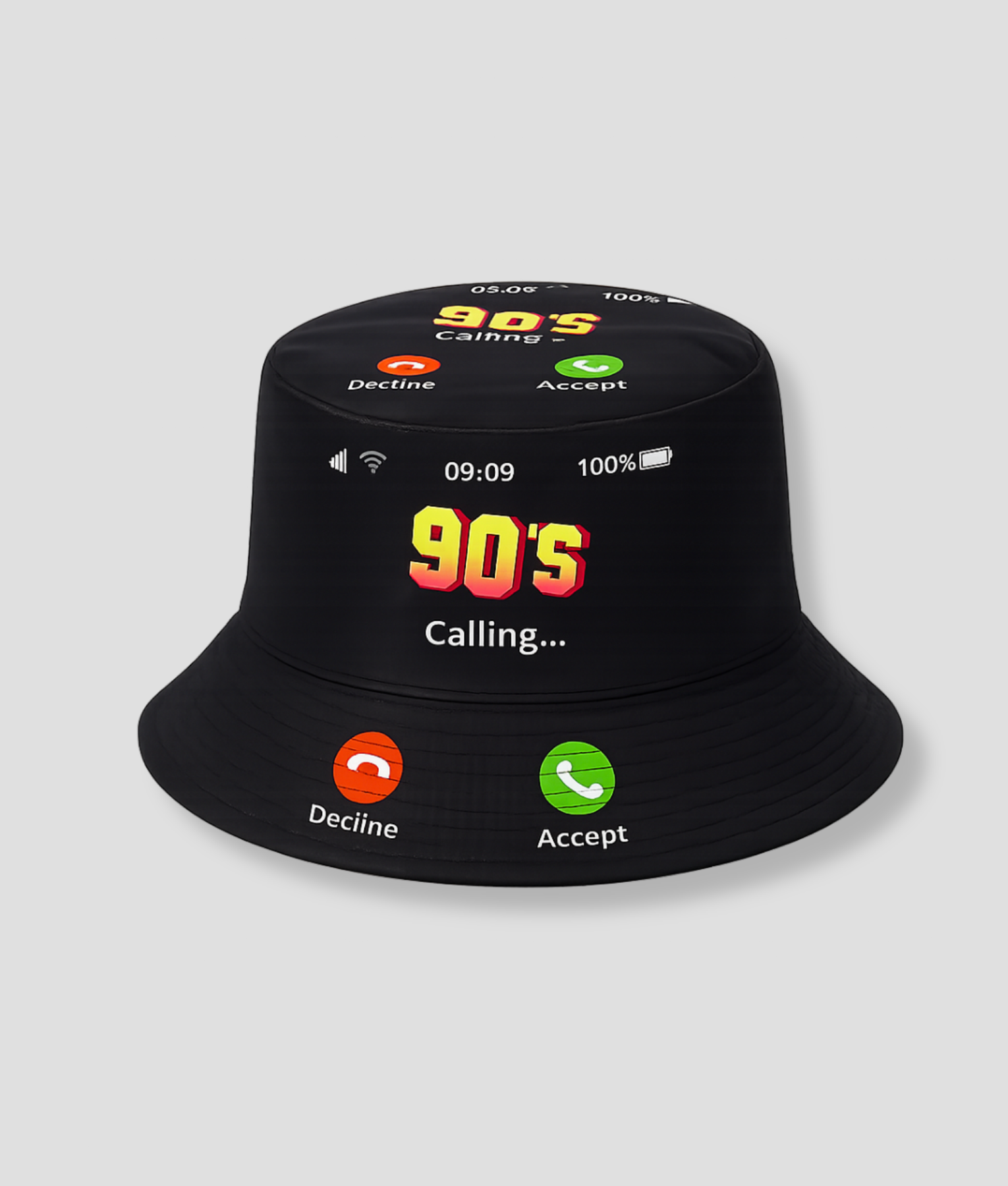 Zwarte bucket hat met retro telefoonscherm print en tekst '90's Calling...'