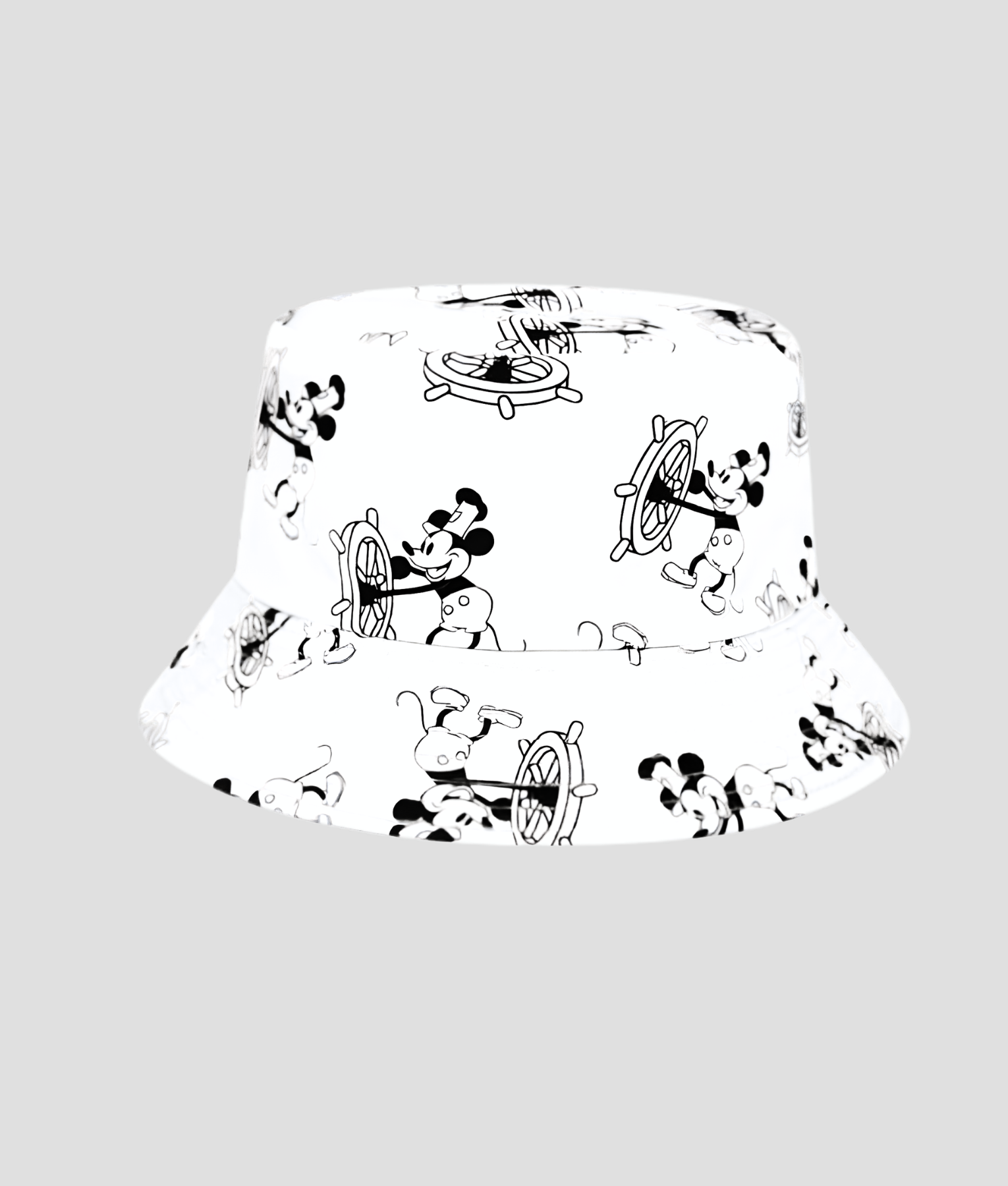 Witte bucket hat met retro tekenfilm print van een muizenkarakter aan een scheepsstuur