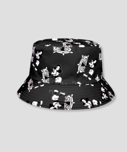Zwarte bucket hat met retro tekenfilm muisprint